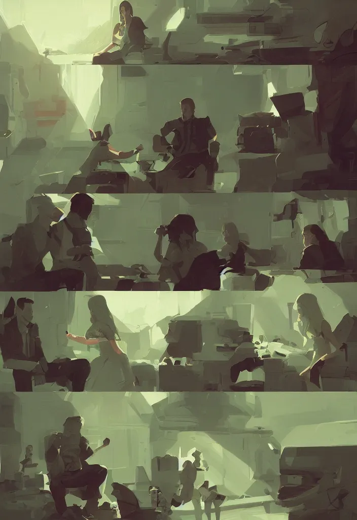 Image similar to joe biden and anya taylor - joy, epic conversation, by atey ghailan, by greg rutkowski, by greg tocchini, by james gilleard, by joe gb fenton, dynamic lighting, gradient light green, brown, blonde cream, salad and white colors in scheme, grunge aesthetic