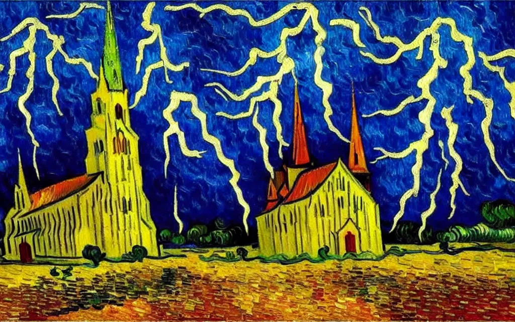 Prompt: expressionist oil painting by van gogh of lightning storm over a tall gothic church, landscape painting, expressionism, 8 k resolution, small brushstrokes, watercolor palette