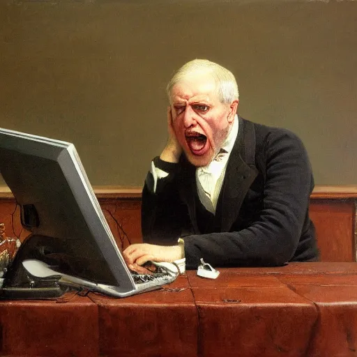 Image similar to an angry man yells at his computer monitor, oil on canvas, 1 8 8 3, highly detailed