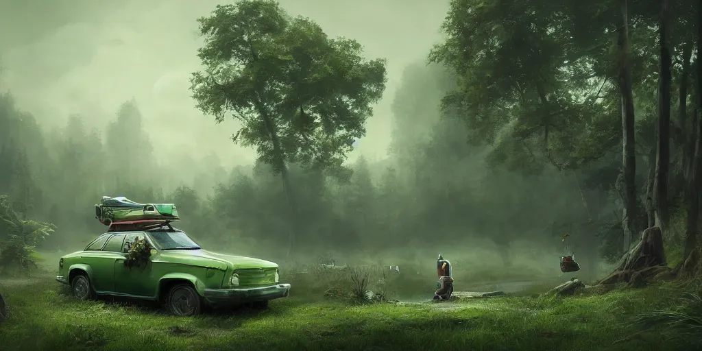 Prompt: knight sits on hood of a green car, elegant scene, indian forest, wide angle, cinematic, ultrarealistic, trending on artstation, cgsociety, highly detailed, color graded, rendered in unreal engine 4 k hq, matte painting, by simon stalenhag, horizon forbidden west