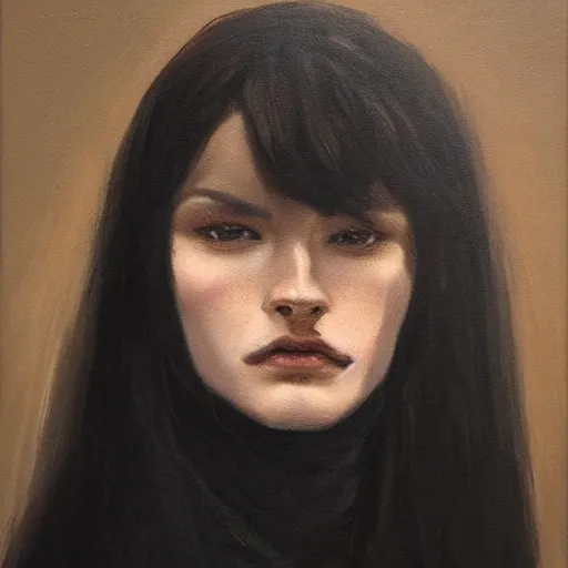 Image similar to An oil painting of a girl dressed in priest robes, 23 years old, (chad jaw line), long black hair, sharp facial features, beautiful, highly detailed, by Cédric Peyravernay, trending on artstation