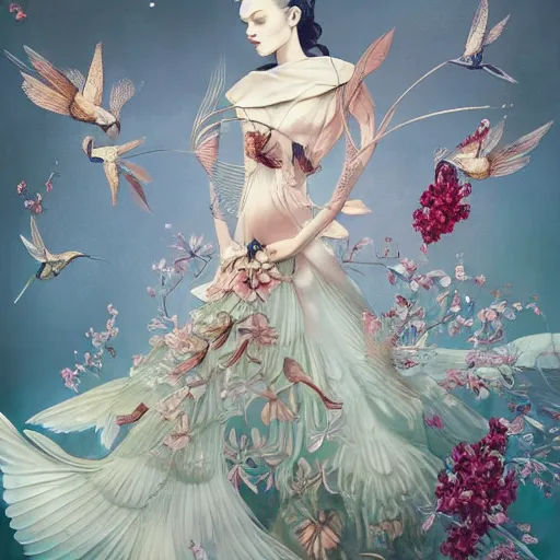 Image similar to 3 / 4 view of a beautiful girl wearing an origami dress, eye - level medium shot, fine floral ornaments in cloth and hair, hummingbirds, elegant, by eiko ishioka, givenchy, tyler edlin, by peter mohrbacher, centered, fresh colors, origami, fashion, detailed illustration, vogue, japanese, reallusion character creator