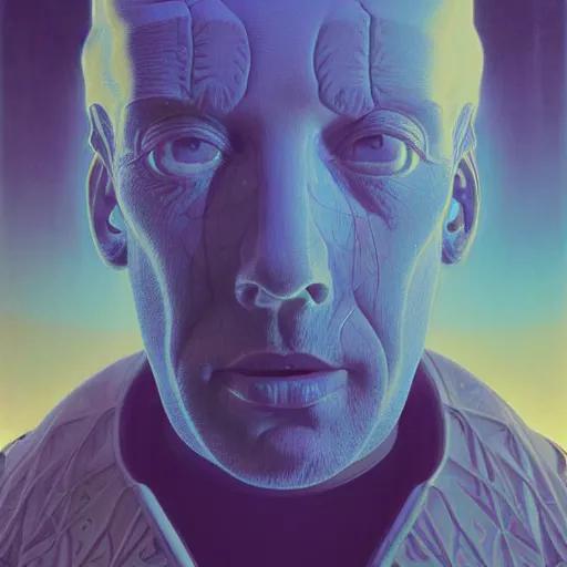 Image similar to realistic extremely detailed portrait painting of an average man , retro futuristic , by beeple,Jean Delville, Amano, Yves Tanguy, Alphonse Mucha, Ernst Haeckel, Edward Robert Hughes, Roger Dean, rich moody colours, blue eyes,octane render