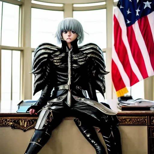 Image similar to a person cosplaying griffith from berserk by kentaro miura sitting at oval office desk with american flag