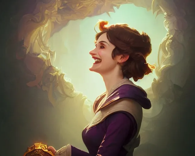 Image similar to winona ryder laughing and smiling, photography of kurzgesagt, deep focus, d & d, fantasy, intricate, elegant, highly detailed, digital painting, artstation, concept art, matte, sharp focus, illustration, hearthstone, art by artgerm and greg rutkowski and alphonse mucha