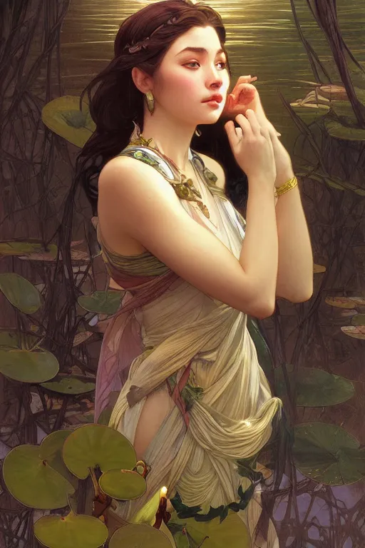 Image similar to close up portrait of goddes of waterlily, digital illustration, dramatic lighting, by artgerm and greg rutkowski and alphonse mucha