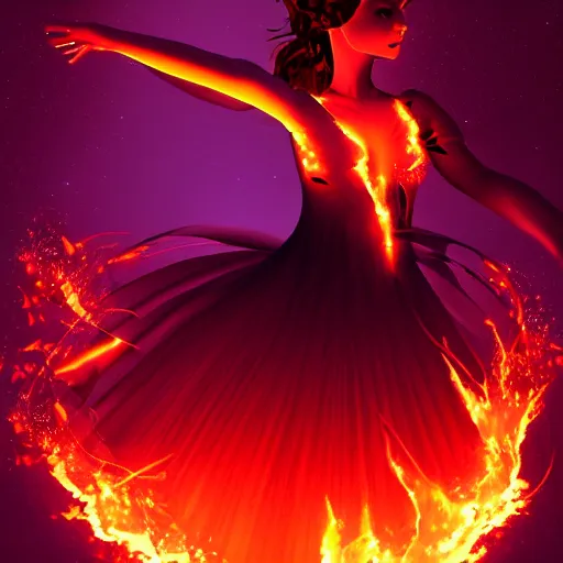 Prompt: woman dancing in the dark, dress made of fire and flame, lightning, sparks, digital art, trending on artstation, fantasy, unreal