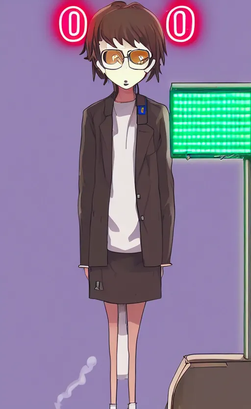 Image similar to Android wearing a school uniform, smoking a cigarette while standing on street corner lit by a neon sign”, full body shot, Digital art, detailed, anime