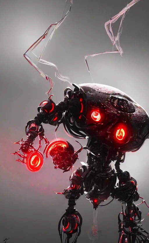 Image similar to a robot humanoid spider with 4 arms with claws, glowing red eyes, in a black carbon and red fiber armor, smiling creepily, dynamic lighting, photorealistic fantasy concept art, trending on art station, stunning visuals, creative, cinematic, ultra detailed