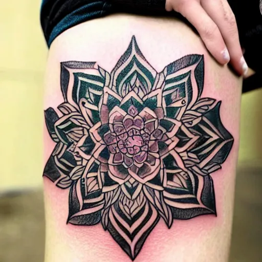Image similar to photograph of a mandala tattoo depicting a monsters leaf