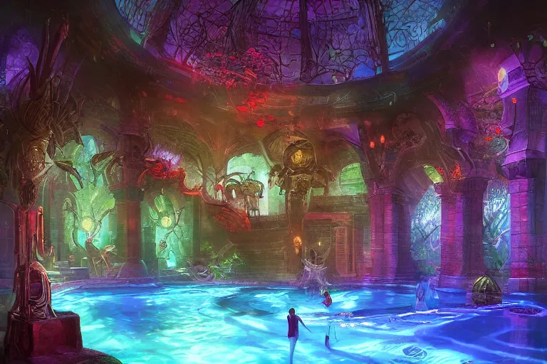 Prompt: pool inside a ornated dark temple, colorful lights, botanic, by magic the gathering