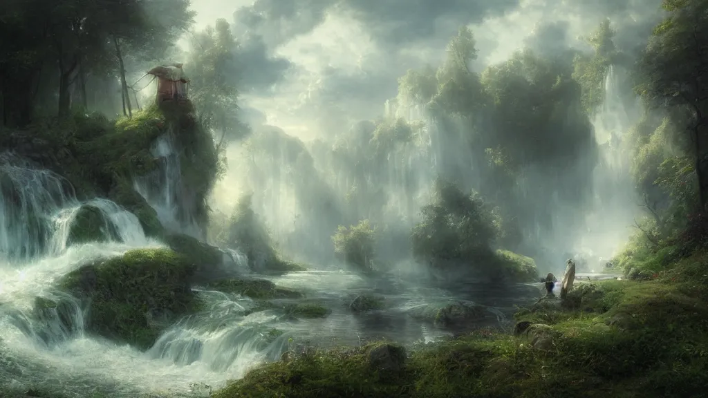 Image similar to [ searching for tom bombadil ] andreas achenbach, artgerm, mikko lagerstedt, zack snyder, tokujin yoshioka