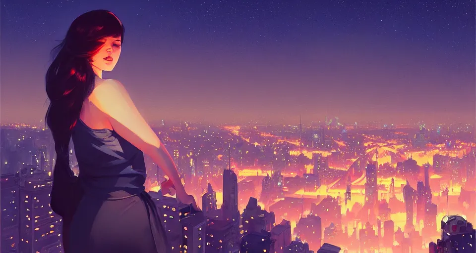 Image similar to city flying in the sky, night setting with stars. realistic shaded lighting poster by ilya kuvshinov katsuhiro, magali villeneuve, artgerm, jeremy lipkin and michael garmash, rob rey and kentaro miura style, trending on art station