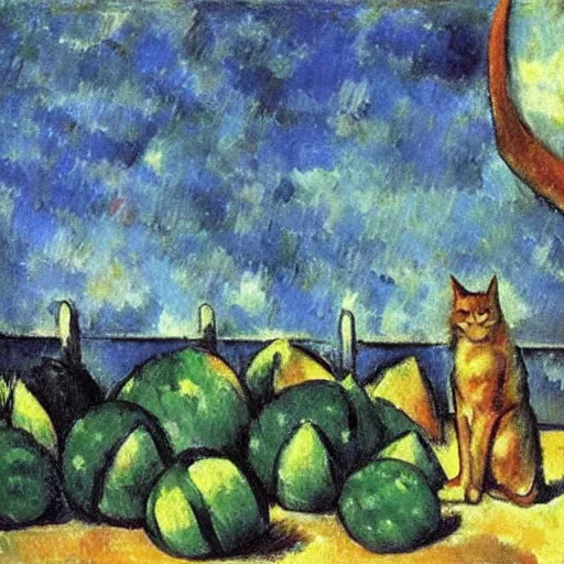 Prompt: Magic cat lands on moon to grow watermelons, Paul Cézanne
