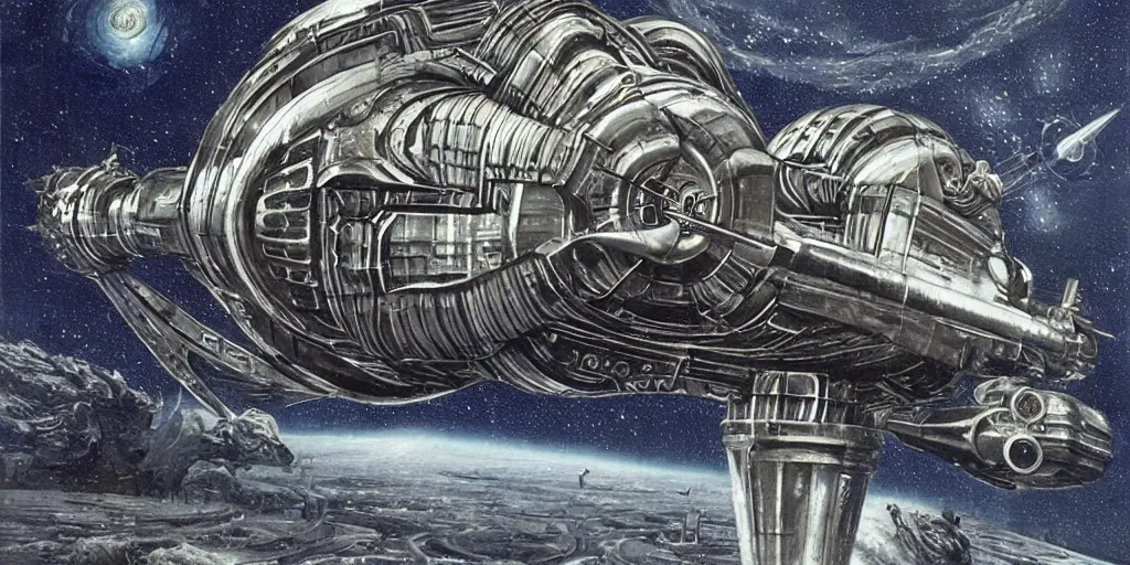 Image similar to atompunk space ship sailing the infinite cosmos, grand scale, raygun gothic style, astrophysics, painting by h. r. giger