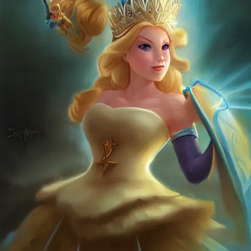 Prompt: princess rosalina from super mario as realistic blond human character, with star luma, art portrait, matte fantasy painting, deviantart artstation, by jason felix by steve argyle by tyler jacobson by peter mohrbacher, cinema c 9. 0