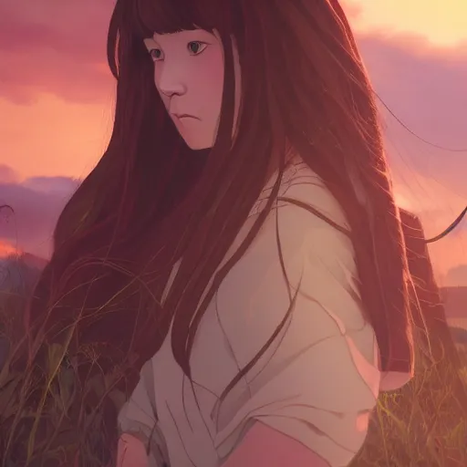 Prompt: portrait of woman, long brown hair, cloth, princess mononoke, 4 k, greg rutkowski, high detail, dramatic lighting, sunset, hayao miyazaki, masashi ando, nizou yamamoto, kazuo oga, joe hisaishi, yoji takeshige, naoya tanaka