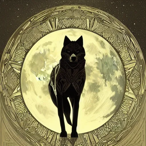 Prompt: Geometric Wolf, moon in the background, intricate, elegant, highly detailed, digital painting, artstation, concept art, smooth, sharp focus, illustration, art by artgerm and greg rutkowski and alphonse mucha