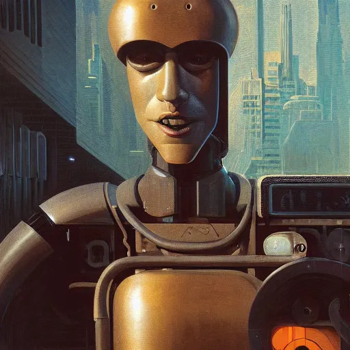 Image similar to detailed face of a synthetic sentient super - intelligent humanoid with nixie tube eyes warming up, warm space, rammed earth courtyard, cool skydome, fresh atmosphere, grant wood, syd mead, livia prima, greg rutkowski, pj crook, nick alm, casey baugh