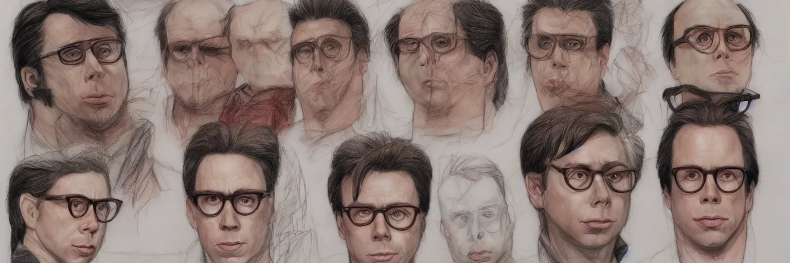 Prompt: color pencils character face study, realistic todd solondz and john travolta, glasses, disturbed, angry, character sheet, fine details, concept design, contrast, kim jung gi, pixar and da vinci, 8 k, emotional, face turnaround 3 6 0, front view, back view, side view, ultra wide angle
