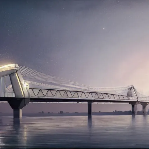 Image similar to futuristic provencher bridge in winnipeg, david a. hardy, victor einrich, gregory crewdson, ian mcque, mike winkelmann, simon stalenhag,