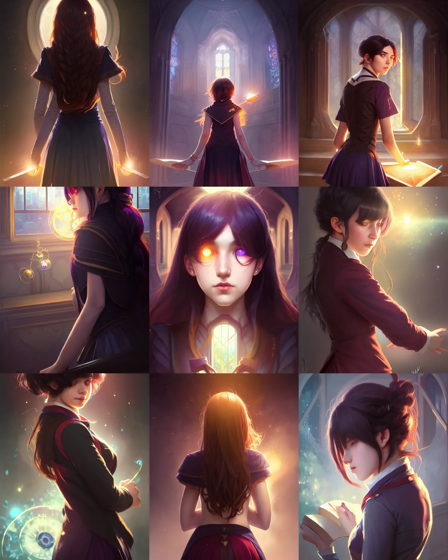 Prompt: back - portrait of a university student young female, magic uniform university, dark - colored hair, short hair, fantasy building, intricate, sharp focus, lens flare, bloom, rim light, illustration, highly detailed, digital painting, concept art, matte, art by wlop and artgerm and greg rutkowski and alphonse mucha, masterpiece