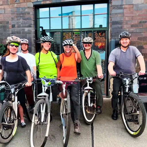 Prompt: bicycle crew in front of montauk brewery