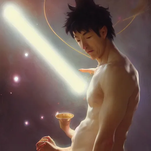 Image similar to A man drinking a cup of cosmic energy bright light, illustration by Ruan Jia and Mandy Jurgens and William-Adolphe Bouguereau, Artgerm, 4k, digital art, surreal, anime style, space dandy style, highly detailed, godsend, artstation, digital painting, concept art, smooth, sharp focus, illustration by Ruan Jia and Mandy Jurgens and William-Adolphe Bouguereau, Artgerm