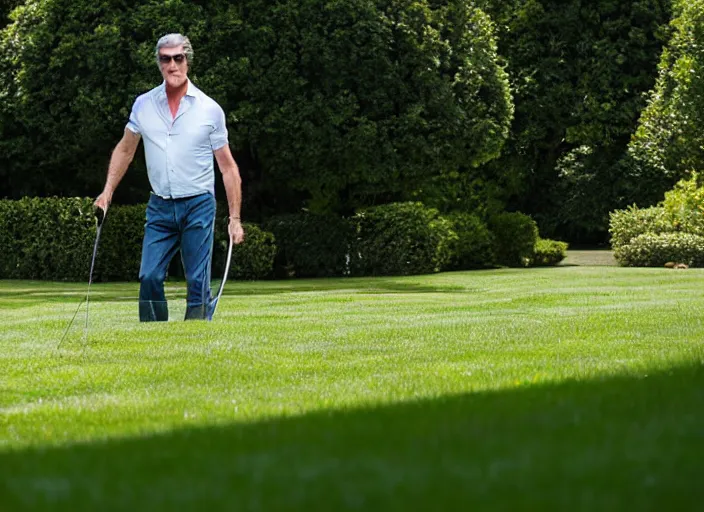 Image similar to pierce brosnan mowing the lawn, 8 k, 8 5 mm f 1. 8, studio lighting, rim light, right side key light