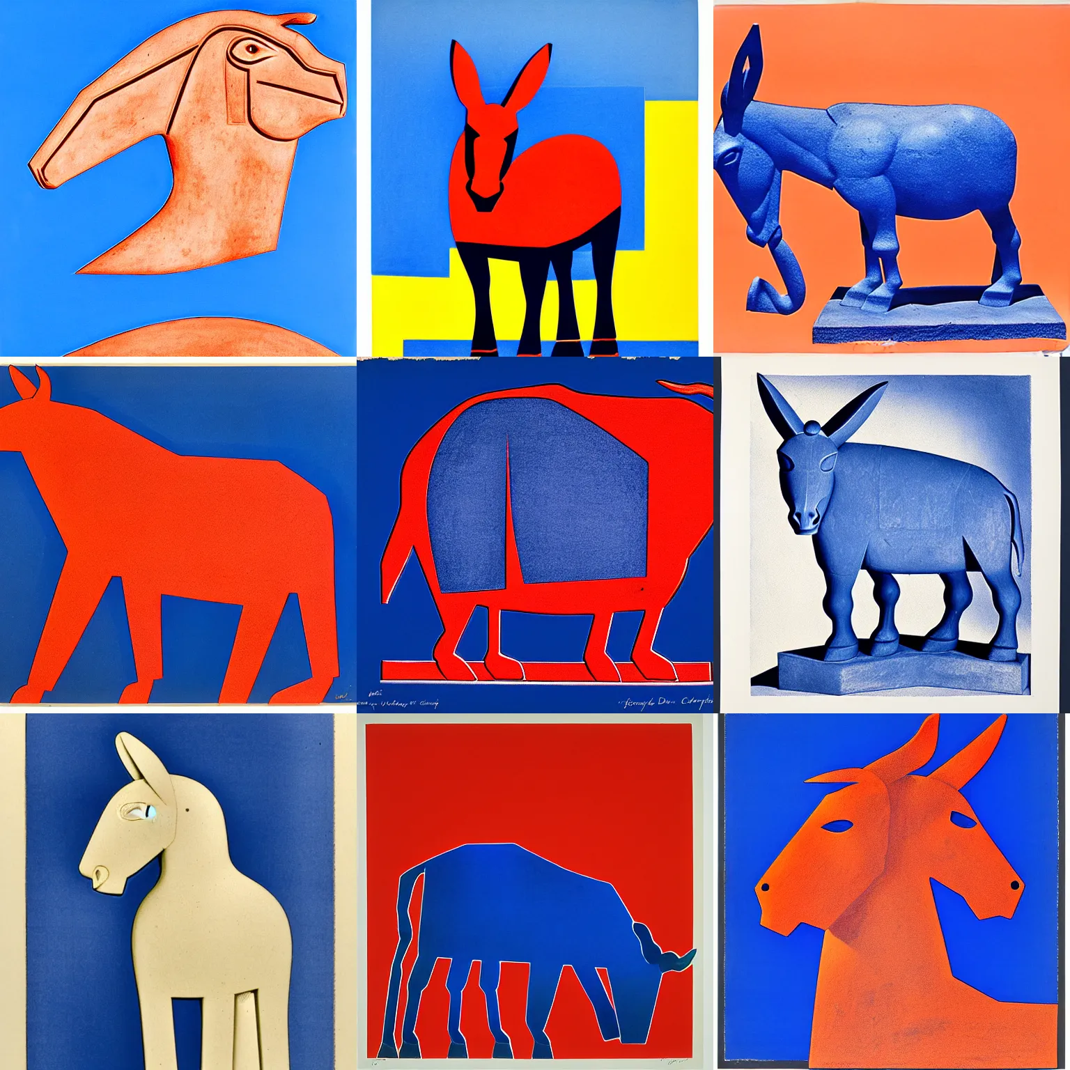 Prompt: duotone lithograph of sculpture of donkey in cycladic style, ultramarine blue and red iron oxide, flat color blocks