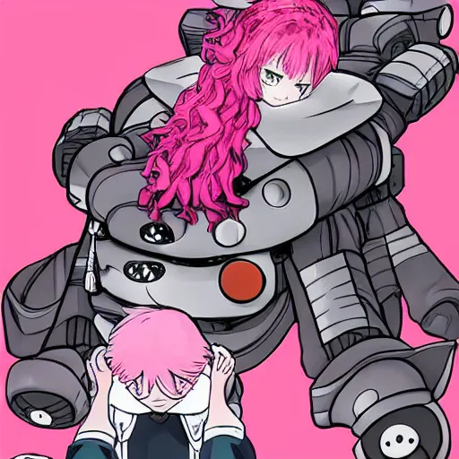 Image similar to pink haired child posing atop a giant robot, anya, spy x family manga, anime, by tatsuya endo