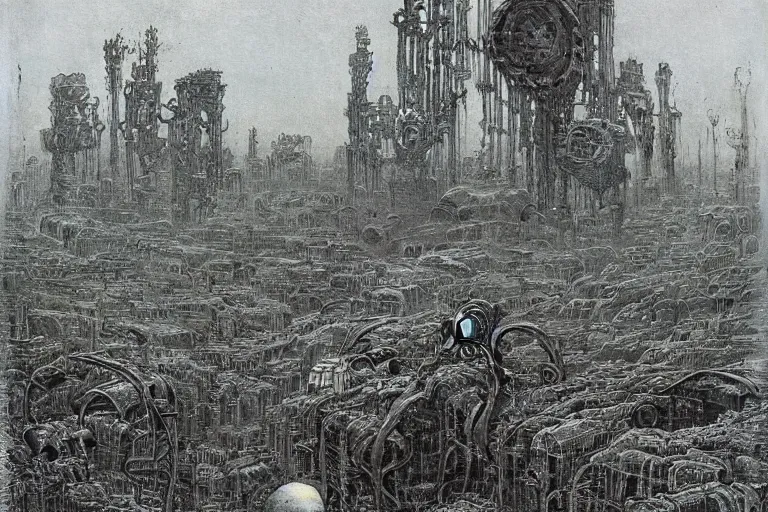 Image similar to tobots cyborgs scrapyard by beksinski