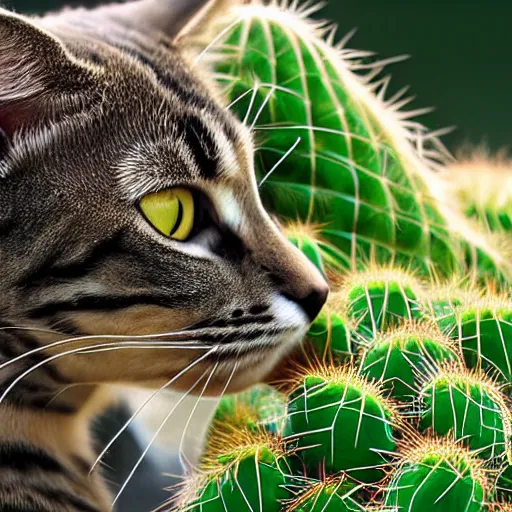 Prompt: A real photograph of a cat licking a cactus