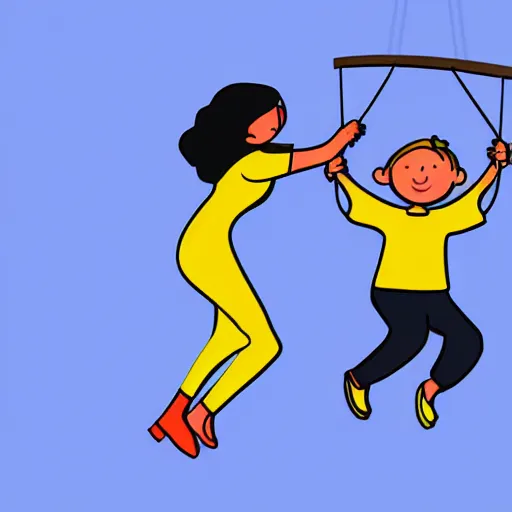 Prompt: a cartoon illustration of mom dad and kid who are shaped like a circle, pushing their kid on a tree swing. bold colors, indigo, mustardy yellow, pea green