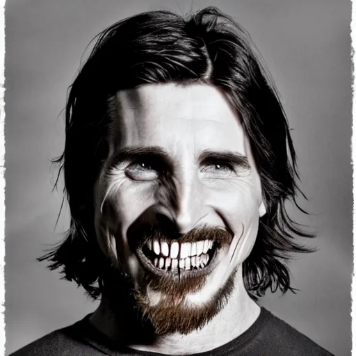 Image similar to uncanny disturbing black and white photo of christian bale with sharp teeth and half of his face missing revealing a bloody skull, missing poster, gory, bloody, scary, realistic