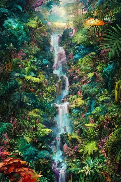 Image similar to aerial view of a colorful jungle with rivers and waterfalls, by artgerm, tom bagshaw, gerald brom, vaporwave colors, lo - fi colors, vaporwave, lo - fi, moody vibe, goth vibe, full body,