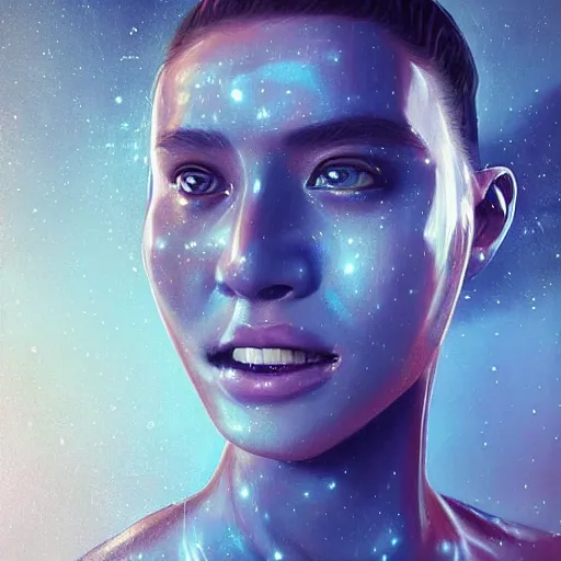 Prompt: 3 d, sci - fi, close - up, morning, smiling fashion model face with stars in eyes, sun, cinematic, clouds, sun rays, vogue cover style, poster art, blue mood, realistic painting, intricate oil painting, high detail illustration, figurative art, multiple exposure, poster art, by tooth wu and wlop and beeple and greg rutkowski