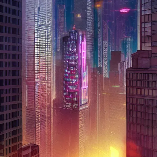 Prompt: first-person view with Building concept art a beautiful city night with a skyscraper and high buildings and neon lights, on a cyberpunk city, ultra detailed, hyper realistic, octane render, unreal engine, soft cinematic lighting,realistic lense flare,trending in artstation,by Tom Bagshaw, Artgerm,Craig Mullin