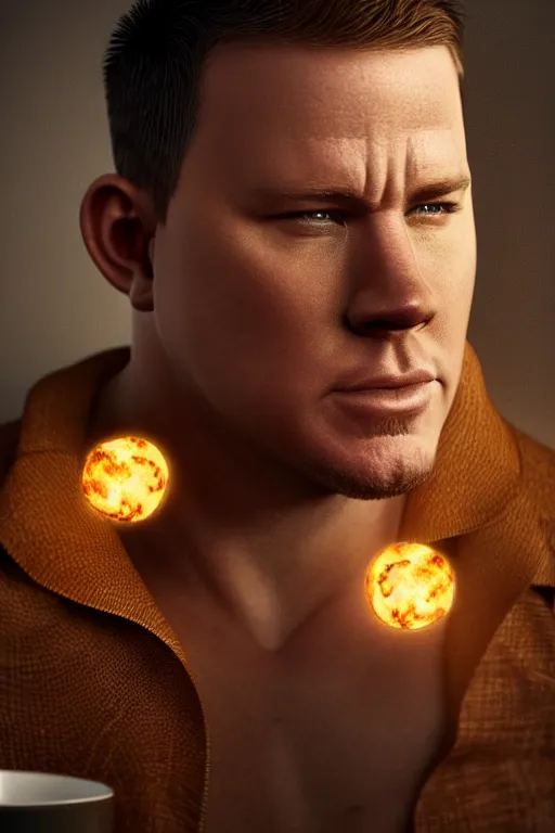 Image similar to a head shot of channing tatum as half human and a tater tot on a plate, tater tot face, ef 8 5 mm f 1. 8 usm, bionic scifi alexandre ferra, hyper detailed, digital art, trending in artstation, cinematic lighting, studio quality, smooth render, unreal engine 5 rendered, octane rendered