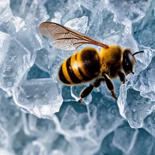 Prompt: a bee frozen in ice