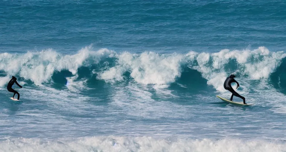 Image similar to devil worshippers in robes belonging to the cult of the ocean surfing in waves, standing on surfboards, surfing inside one large barreled wave, high detailed colors, blue