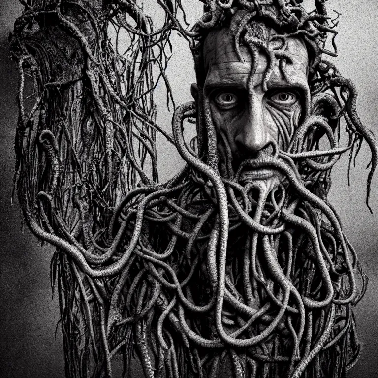 Prompt: ribbed abandoned man face portrait, covered with tentacles, spines, roots, baroque painting, standing in a desolate empty wasteland, creepy, nightmare, dream-like heavy atmosphere, surreal abandoned buildings, beautiful detailed intricate insanely detailed octane render trending on Artstation, 8K artistic photography, photorealistic, chiaroscuro, Raphael, Caravaggio, Beksinski, Giger