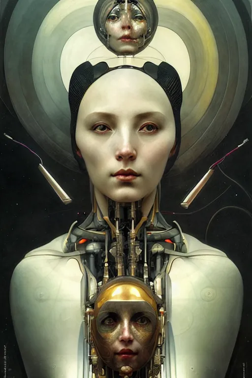 Image similar to full - bodied and portrait futurist cyborg empress, perfect future, award winning art by santiago caruso, iridescent color palette, symmetric face, by wlop and karol bak and bouguereau and viktoria gavrilenko