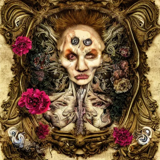 Image similar to a beautiful detailed front view baroque portrait of a rotten woman corpse with fractal plants and fractal flowers and mushrooms growing around, intricate, ornate, bones, volumetric light, beautiful lit, polaroid photography