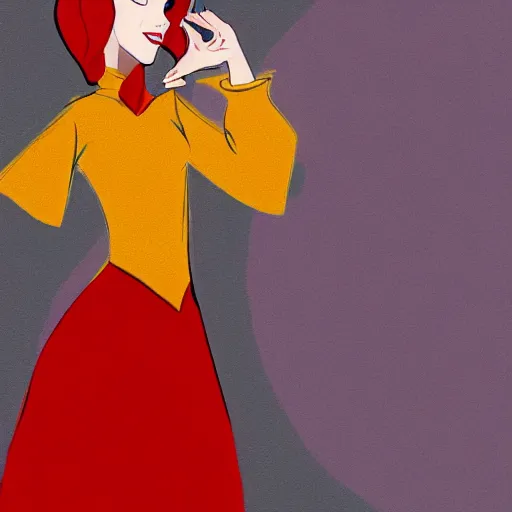 Image similar to a photo of a young woman. moody and melanchonic. disney artstyle. red, yellow