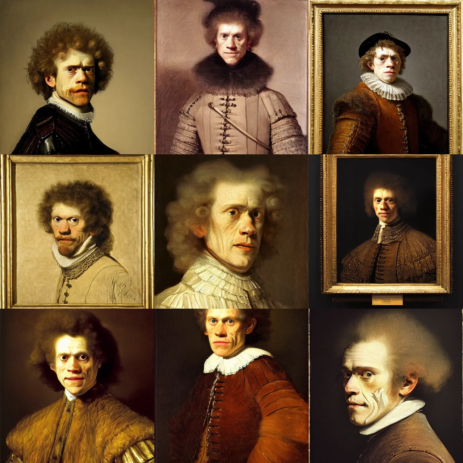 Prompt: a 1 7 0 0 s portrait of willem dafoe as a dutch nobleman by rembrandt. detailed, realistic lighting, hyperrealism