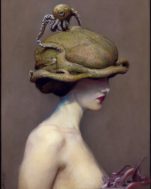 Image similar to a beautiful girl wearing an octopus as a hat, painted by edgar maxence, edward hopper, wayne barlowe and james gilleard, airbrush, art by jamesjean