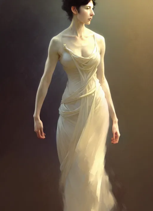 Image similar to character concept portrait of a stoic and proud woman in an elegant gown, pale face, intricate, elegant, digital painting, concept art, smooth, sharp focus, illustration, from Metal Gear, by Ruan Jia and Mandy Jurgens and William-Adolphe Bouguereau, Artgerm