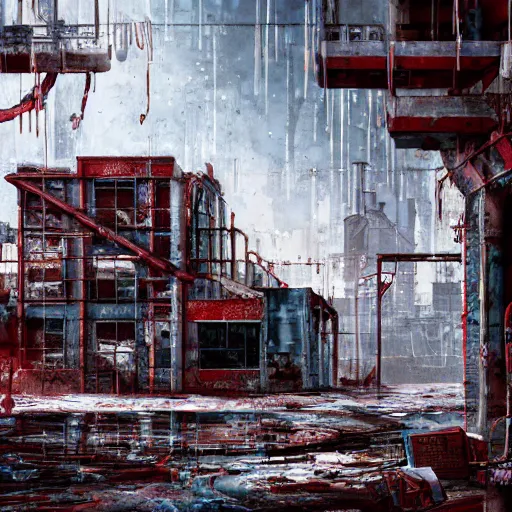 Image similar to santa's abandoned factory. cyberpunk. apocalyptic. sadness. mess. disorder. santa claus hat. abandoned gifts. water leaks. broken tiles. broken objects. high quality. high fidelity. digital art.