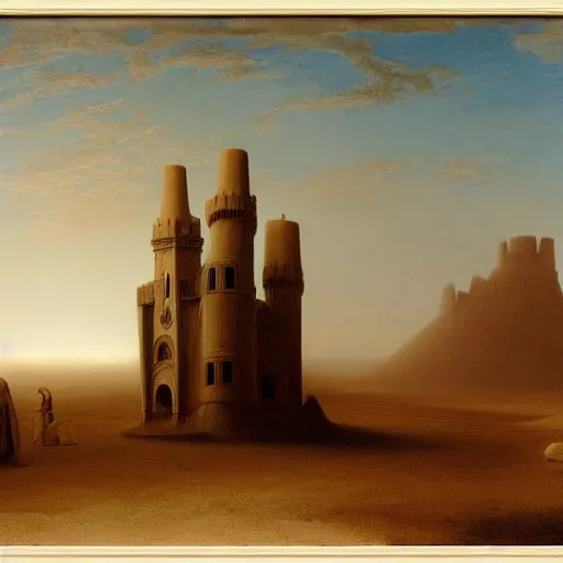 Prompt: Landscape painting of a sand castle in a foggy desert in the evening. Neo-classical architecture. The sun sets. Warm colors. Dark bright effect. Oil on canvas by Jean-Auguste-Dominique Ingres and Albert Bierstadt and Ernst Haeckel and James Jean. Very detailed drawing, with a deep sense of composition. The style of the painting is delicate and slightly drawn.